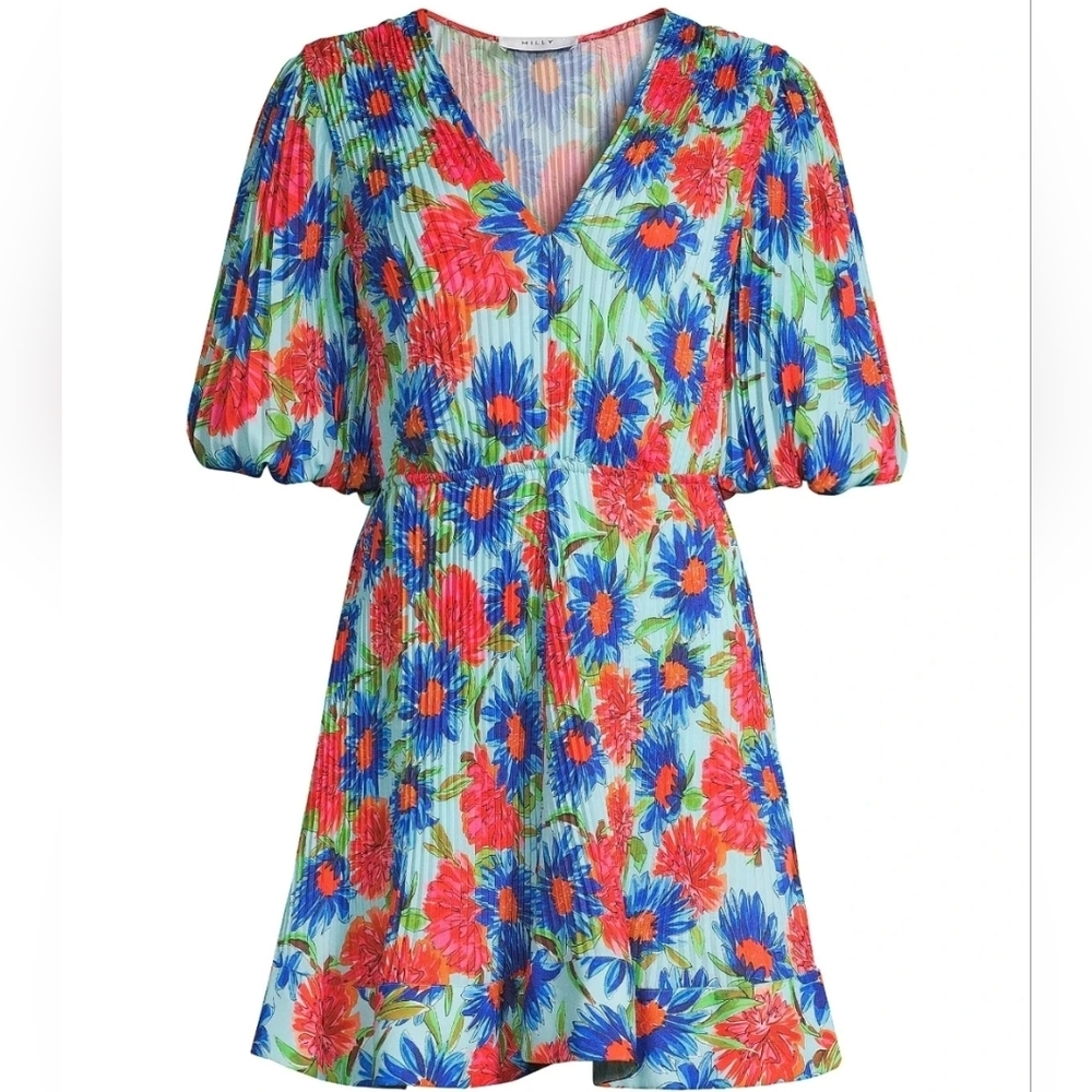 Milly Elle Dahlia Printed Mini Dress Size 10 Floral Pleated V-Neck Puff Sleeve